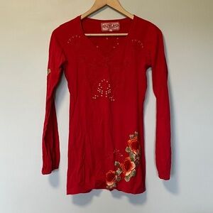 Johnny Was Red Floral Long Sleeve Top